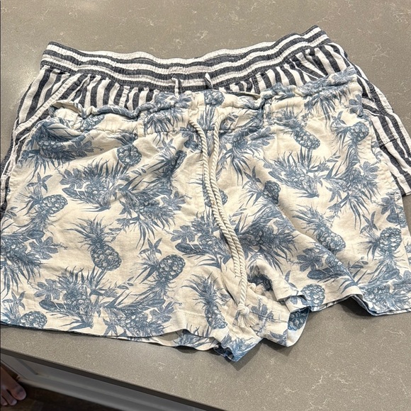 Two Pair - Cream and Blue Linen Blend Shorts with Tropical Print - Picture 1 of 5